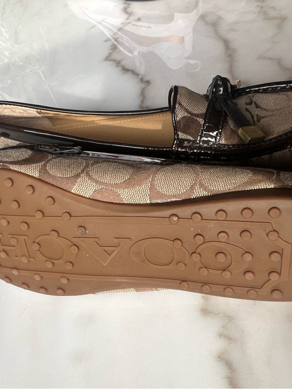 Coach Tan & Dark Brown Signature Canvas Loafers with Patent Trim - Picture 2 of 3
